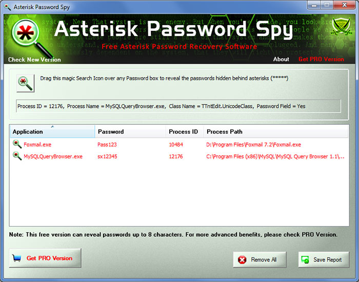 AsteriskPasswordSpy showing recovered passwords