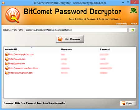 BitCometPasswordDecryptor showing recovered passwords