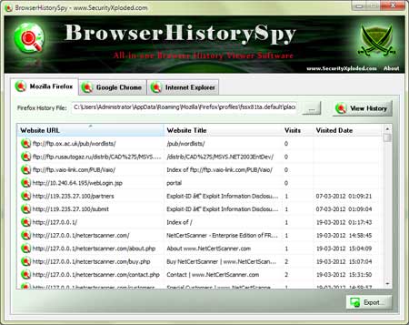 BrowserHistorySpy showing recovered passwords