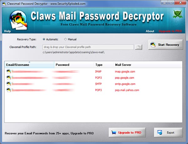 Clawsmail Password Decryptor showing recovered email passwords