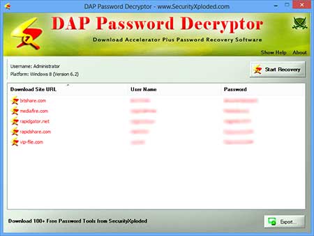 DAPPasswordDecryptor showing recovered passwords