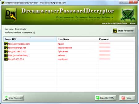 DreamweaverPasswordDecryptor showing recovered passwords