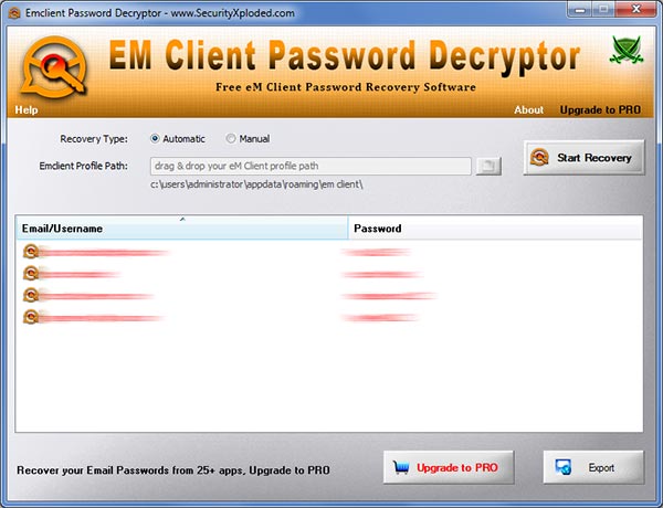eM Client Password Decryptor showing recovered email passwords