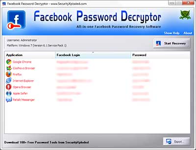 FacebookPasswordDecryptor showing recovered passwords