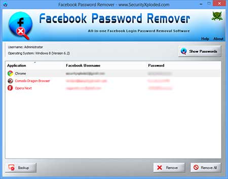 FacebookPasswordRemover showing recovered passwords
