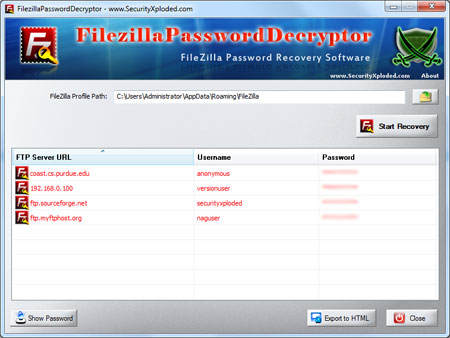 FilezillaPasswordDecryptor showing recovered passwords