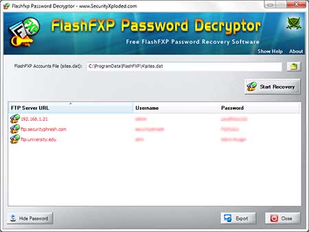 FlashFXP Password Decryptor showing recovered passwords