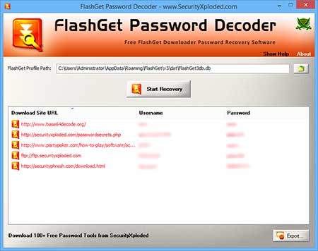 FlashGetPasswordDecoder showing recovered passwords