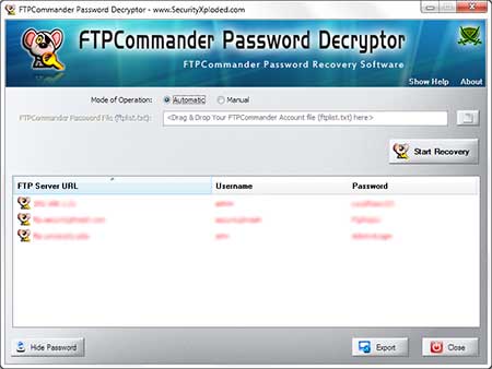 FTPCommanderPasswordDecryptor showing recovered passwords