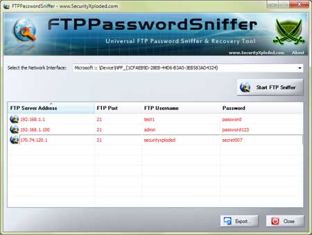FTPPasswordSniffer showing recovered passwords