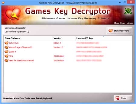 GamesKeyDecryptor showing recovered passwords