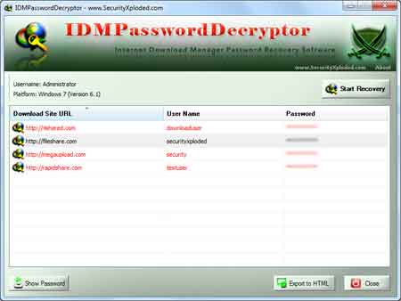 IDM Password Decryptor showing recovered passwords