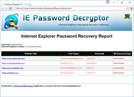 IEPasswordDecrytor showing the exported list
