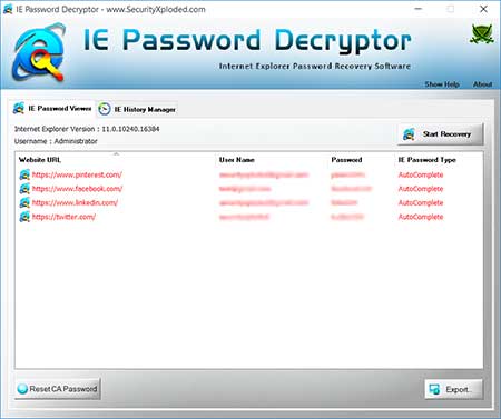 IE Password Decryptor showing the IE Secrets