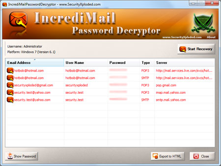 IncrediMailPasswordDecryptor showing recovered passwords
