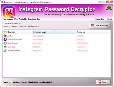 InstagramPasswordDecryptor showing recovered passwords