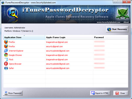iTunesPasswordDecryptor showing recovered passwords