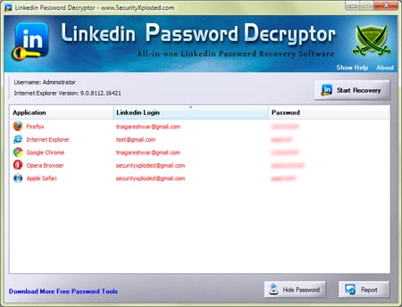 LinkedinPasswordDecryptor showing recovered passwords