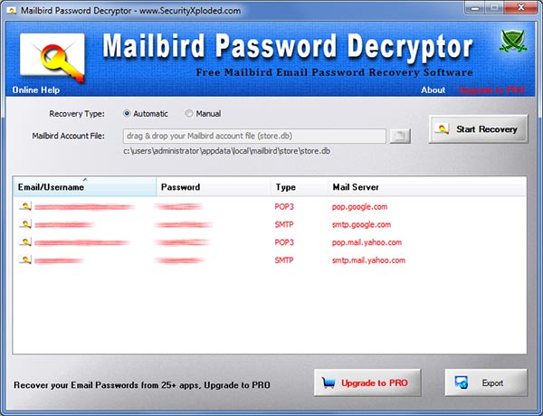 Mailbird Password Decryptor showing recovered email passwords