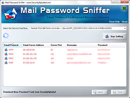 MailPasswordSniffer showing recovered passwords
