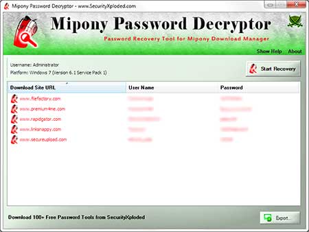 MiponyPasswordDecryptor showing recovered passwords