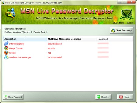 MSN Live Password Decryptor showing recovered passwords