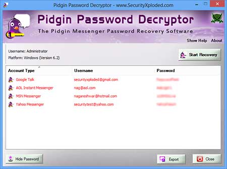 PidginPasswordDecryptor showing recovered passwords