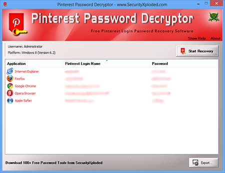 PinterestPasswordDecryptor showing recovered passwords