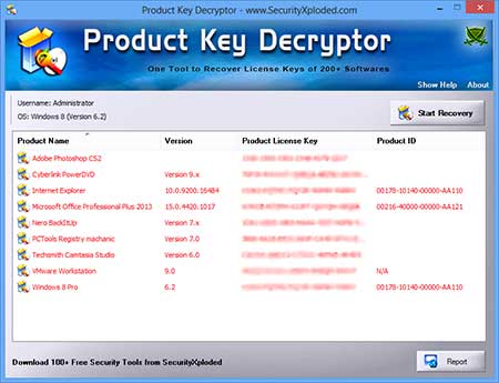 ProductKeyDecryptor showing recovered passwords
