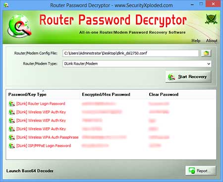 RouterPasswordDecryptor showing recovered passwords