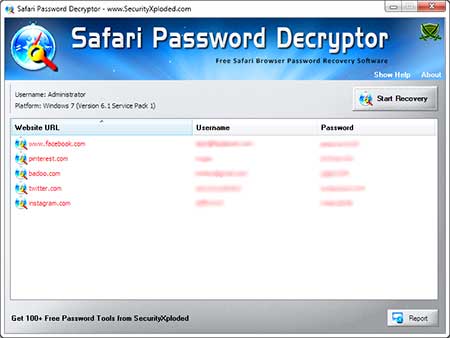 SafariPasswordDecryptor showing recovered passwords