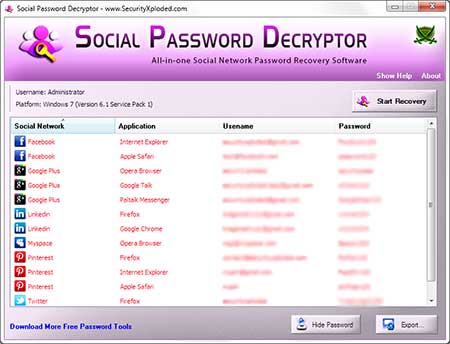 SocialPasswordDecryptor showing recovered passwords