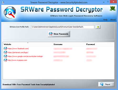 SRWarePasswordDecrytor showing the saved sign-on html reprot