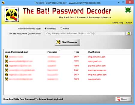 TheBatPasswordDecoder showing recovered passwords