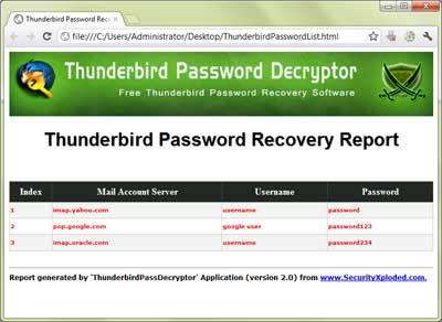 ThunderbirdPassDecryptor showing the saved password list
