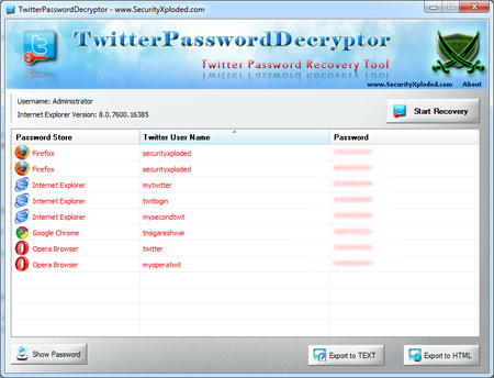 TwitterPasswordDecryptor showing recovered passwords