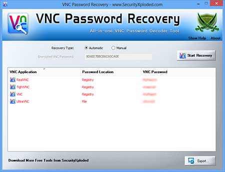 VNCPasswordRecovery showing recovered passwords