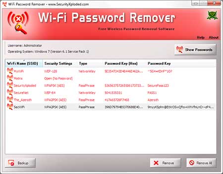 WiFiPasswordRemover showing recovered passwords