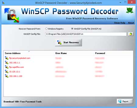 WinSCPPasswordDecoder showing recovered passwords